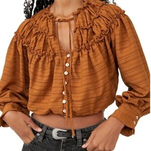 Free People Hailey Blouse "Glazed Ginger" M Striped Ruffle Peasant Boho Top NWT